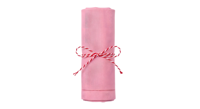 Gift - Pink rolled cloth napkin tied with red and white striped string for table setting and party decoration
