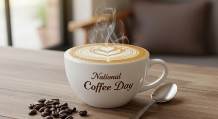 A steaming cup of coffee with a heart-shaped latte art design on a wooden table.