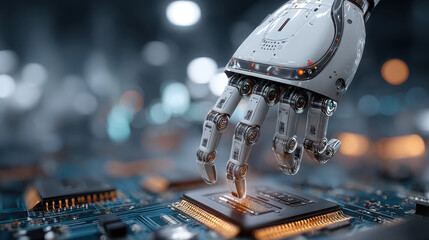 Futuristic robotic hand with intricate details touching a glowing circuit board in a high-tech environment with blurred digital background and advanced technology elements
