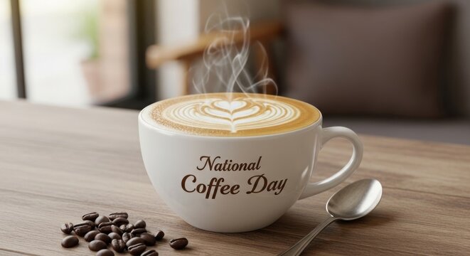 A steaming cup of coffee with a heart-shaped latte art design on a wooden table. - Powered by Adobe