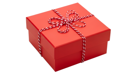 Gift - Red gift box wrapped with white and red striped ribbon bow isolated on white background, perfect for holidays and celebrations