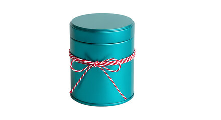 Gift - Turquoise metal gift tin box with red and white twine bow on white background, ideal for packaging and gift wrapping