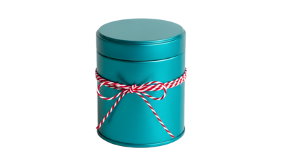 Gift - Turquoise metal gift tin box with red and white twine bow on white background, ideal for packaging and gift wrapping