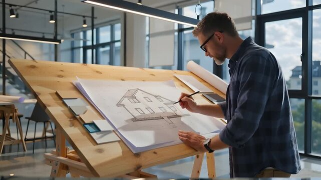 Architect's Creative Process Sketching Blueprints in Sunlit Studio, Vibrant High-Fidelity.