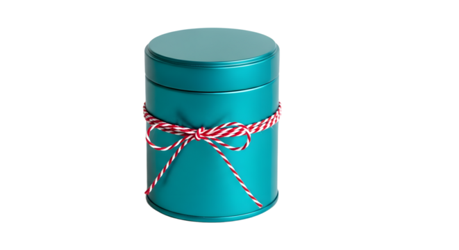 Gift - Turquoise metal gift tin box with red and white twine bow on white background, ideal for packaging and gift wrapping