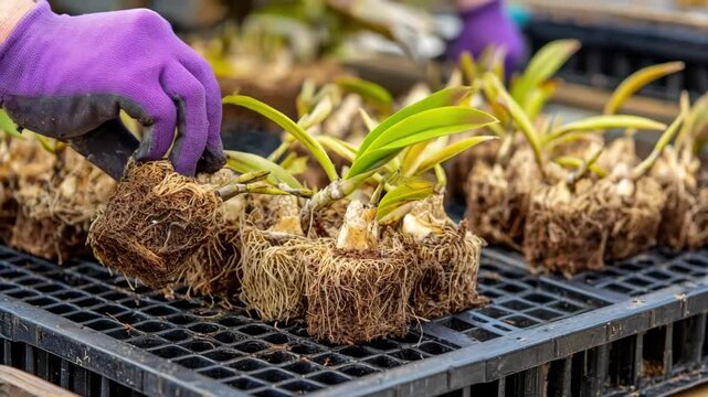 Medium shot of a horticulturist carefully aligning orchid rootstocks and scions for successful grafting promoting vibrant hybrid growth.