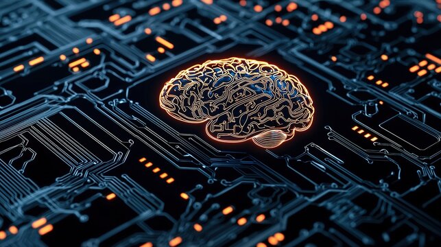 A digital representation of a brain intertwined with circuit patterns, symbolizing the intersection of neuroscience and technology.