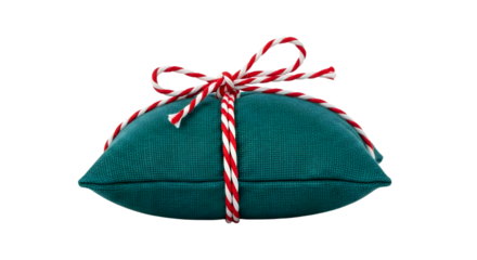 Gift - Teal gift pillow wrapped with red and white striped ribbon, perfect for unique and stylish gift presentations