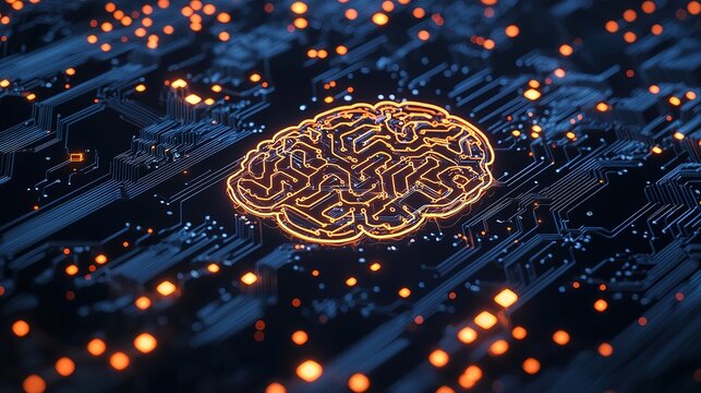 A digital representation of a brain overlaid on a circuit board, symbolizing artificial intelligence and technology integration.