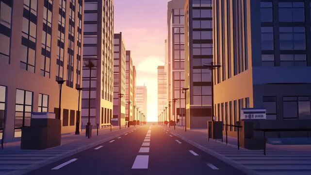 Stylized city street with tall buildings at sunset with warm light Ultra Realistic Cinematic Stock Footage  4K UHD Professional Royalty Free Video