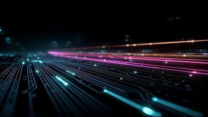 Futuristic neon light trails on dark background - Powered by Adobe