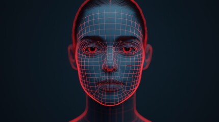 A digital representation of a face rendered with a grid pattern and glowing lines, showcasing facial features in a futuristic style.