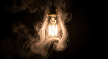 A light bulb emitting a warm glow with smoke swirling around it against a dark background.