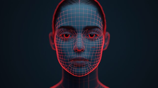 A digital representation of a face rendered with a grid pattern and glowing lines, showcasing facial features in a futuristic style.