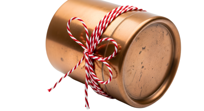 Gift - Rustic metal can tied with red and white twine bow, vintage style packaging ideal for gift wrapping and craft projects