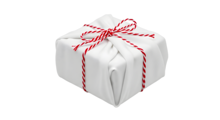 Gift - White wrapped gift box with red and white striped ribbon bow isolated on black background, perfect for holiday celebrations and special occasions