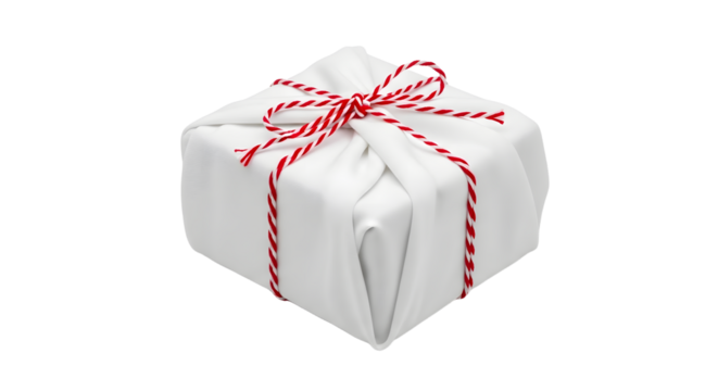 Gift - White wrapped gift box with red and white striped ribbon bow isolated on black background, perfect for holiday celebrations and special occasions