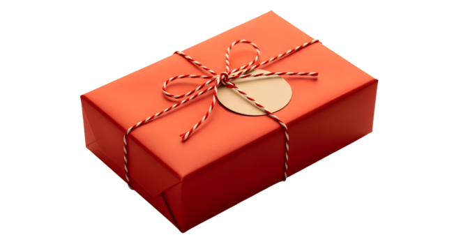 Gift - Red wrapped gift box with a white circular tag and red and white twine bow isolated on black background, perfect for holiday or birthday celebrations