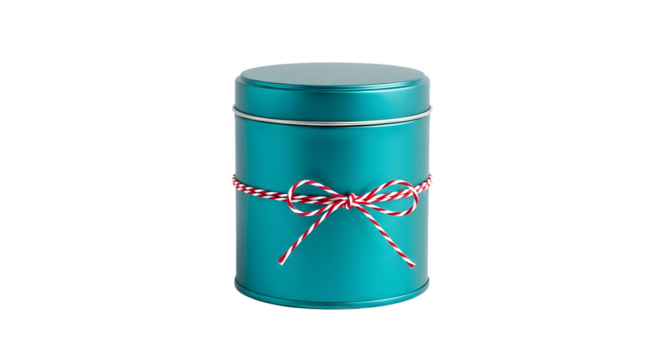 Gift - Teal metal tin container wrapped with red and white string bow isolated on white background, perfect for gift packaging or storage - Powered by Adobe