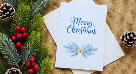 Blank Christmas and New Year greeting card mockup with envelope on festive background pine branches and warm lights template with copy space for branding invitation printable design and social media