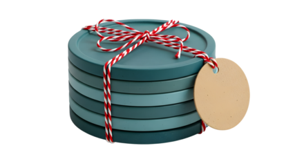 Gift - Stack of teal ceramic coasters tied with red and white striped string featuring blank round tag, perfect for home decor and kitchen accessory presentations