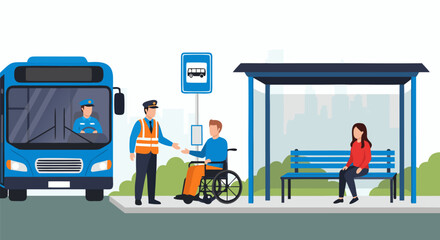 Bus driver assisting a person with a disability in a wheelchair at a modern city bus stop, promoting accessible public transportation