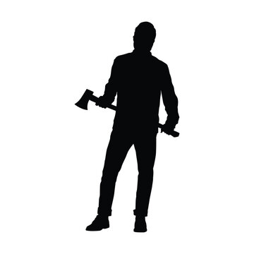 Vector silhouette of a powerful man standing and holding a single-bladed hand axe (hatchet). The image symbolizes strength, manual labor, logging, forestry, construction, or even danger/threat