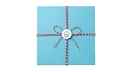 Gift - Square blue gift box with red and white string bow and cupcake tag, perfect for birthdays and celebrations