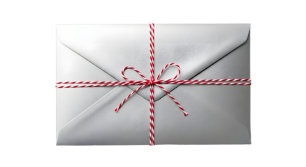Gift - White envelope wrapped with red and white striped string tied in a bow, isolated on white background, perfect for letters and gift packaging