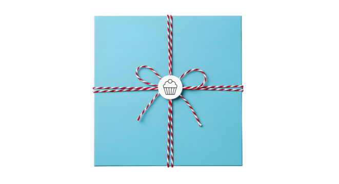 Gift - Square blue gift box with red and white string bow and cupcake tag, perfect for birthdays and celebrations