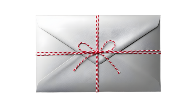 Gift - White envelope wrapped with red and white striped string tied in a bow, isolated on white background, perfect for letters and gift packaging - Powered by Adobe