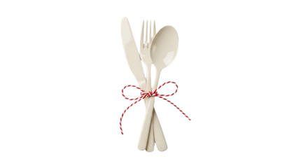 Gift - Wooden disposable cutlery set tied with red and white string on black background, eco-friendly utensils perfect for outdoor picnics and parties