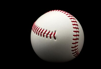 Crisp white leather baseball, stark contrast against pure black background, old, vintage