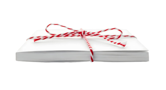 Gift - Stack of white envelopes tied with red and white string on white background, perfect for invitations or holiday mailings