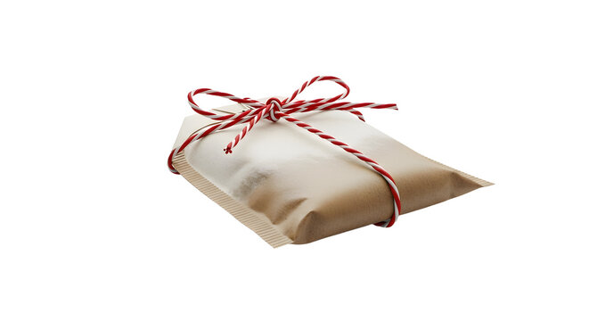 Gift - Wrapped gift with brown paper and red-white string bow isolated on white background, perfect for holiday presents