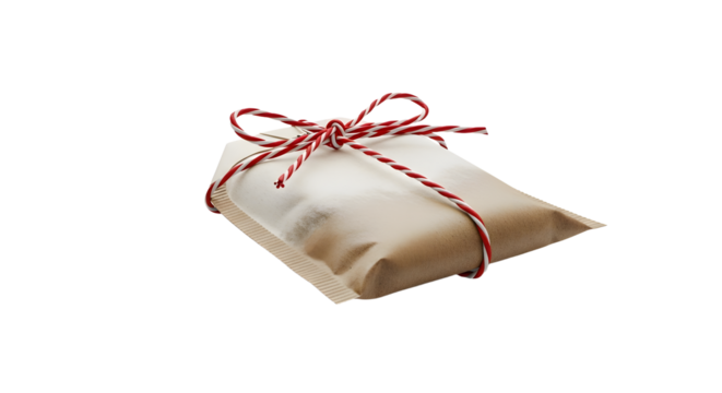 Gift - Wrapped gift with brown paper and red-white string bow isolated on white background, perfect for holiday presents