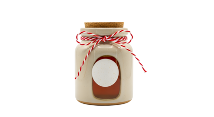 Gift - Small glass jar with a cork lid and red striped string tied around the neck, ideal for storing spices or homemade preserves