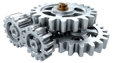 Mechanical Interconnection: A close-up showcases a collection of metallic gears, perfectly meshed and synchronized, illustrating the intricate mechanics and the beauty of industry.