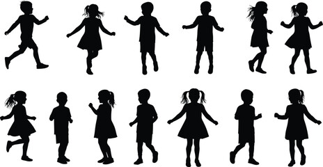 Silhouette of children walking and running in motion, active boys and girls playing outdoors, vector design for childhood activity concept