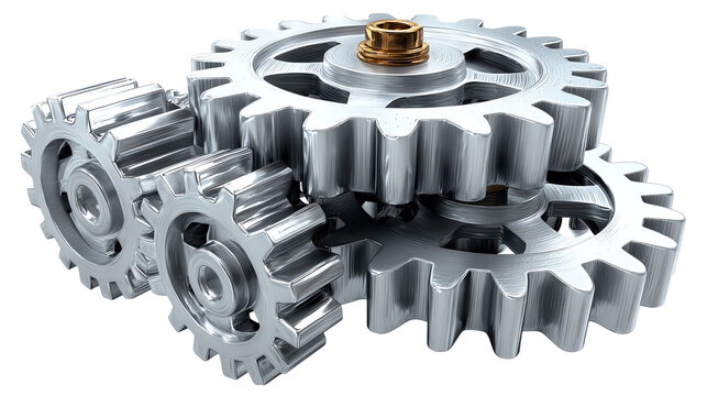 Mechanical Interconnection: A close-up showcases a collection of metallic gears, perfectly meshed and synchronized, illustrating the intricate mechanics and the beauty of industry.