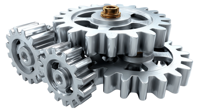 Mechanical Interconnection: A close-up showcases a collection of metallic gears, perfectly meshed and synchronized, illustrating the intricate mechanics and the beauty of industry.