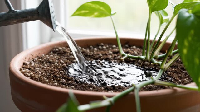 Watering Potted Golden Pothos Plant From Metal Watering Can
