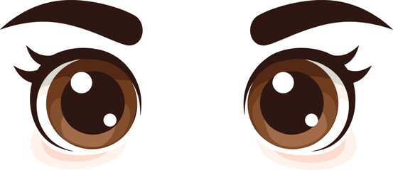 Cute anime brown eyes illustration, kawaii cartoon vector art, expressive manga design with glossy highlights, adorable facial expression digital artwork