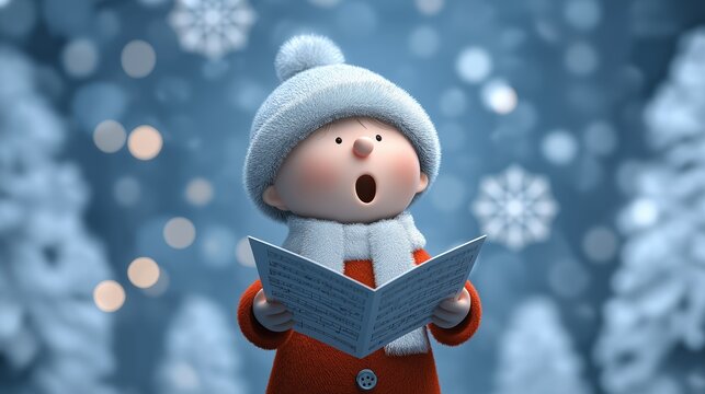 Young caroler singing from sheet music in snowy forest scene.