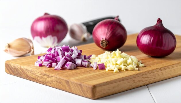 Freshly chopped red onions and garlic on a wooden cutting board.