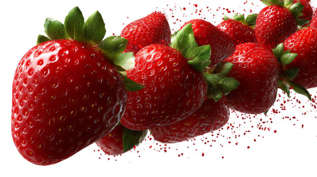 Strawberry cascade: A cluster of ripe strawberries bursts forth, showcasing their vibrant red hue and enticing freshness. The close-up shot captures the juicy texture and the refreshing experience.