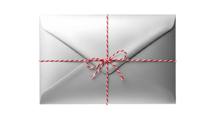 Gift - White envelope wrapped with red and white striped string tied in a bow on black background, ideal for gift giving or special occasion invitations