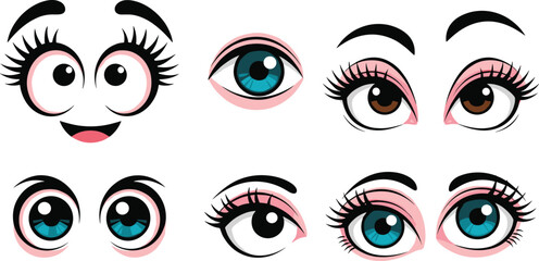 Cute anime eyes collection, colorful vector illustration of cartoon expressions, adorable female characters, blue and brown eyes design art