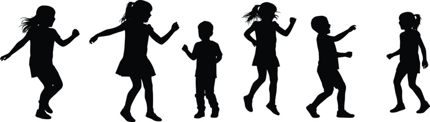 Silhouette of happy children dancing and jumping together, active kids movement, fun childhood activity, freedom, energy, joy, outdoor playtime, happiness