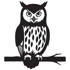 Black and white silhouette of an owl perched on a branch